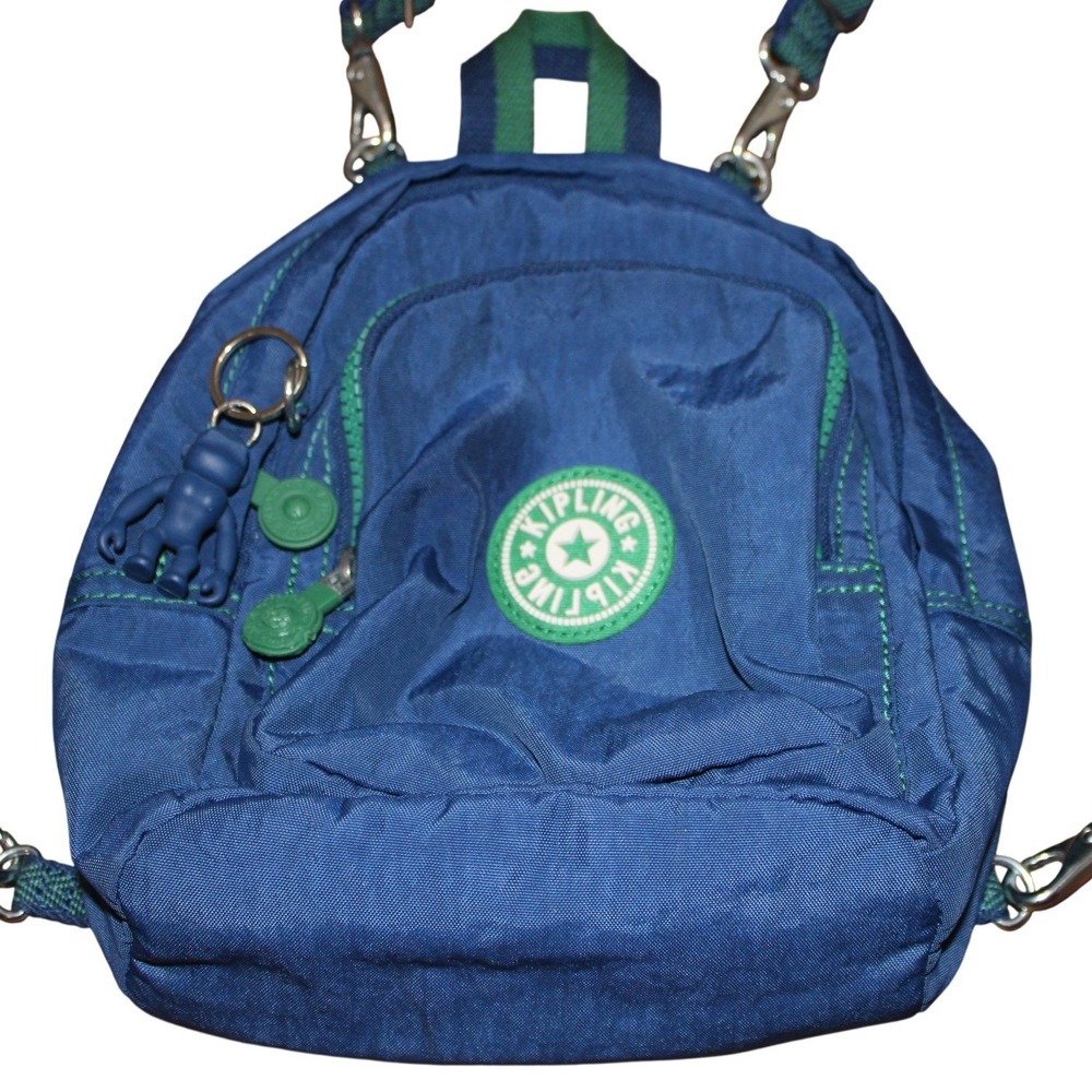 Blue Kipling Delia Compact Convertible Nylon Backpack Monkey Charm Keychain Y2K